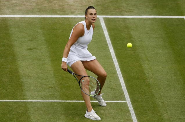 Mandatory Credit: Photo by Shutterstock (12200584v) Aryna Sabalenka of Belarus in action Wimbledon Tennis Championships, Day 10, The All England Lawn Tennis and Croquet Club, London, UK - 08 Jul 2021 Wimbledon Tennis Championships, Day 10, The All England Lawn Tennis and Croquet Club, London, UK - 08 Jul 2021  Copyright: xShutterstockx 12200584v