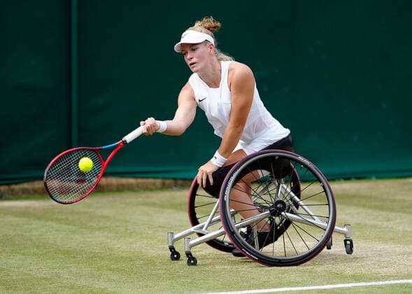 Mandatory Credit: Photo by Shutterstock (12200579bm) Diede De Groot during her Wheelchair Singles quarter-final match Wimbledon Tennis Championships, Day 10, The All England Lawn Tennis and Croquet Club, London, UK - 08 Jul 2021 Wimbledon Tennis Championships, Day 10, The All England Lawn Tennis and Croquet Club, London, UK - 08 Jul 2021  Copyright: xShutterstockx 12200579bm