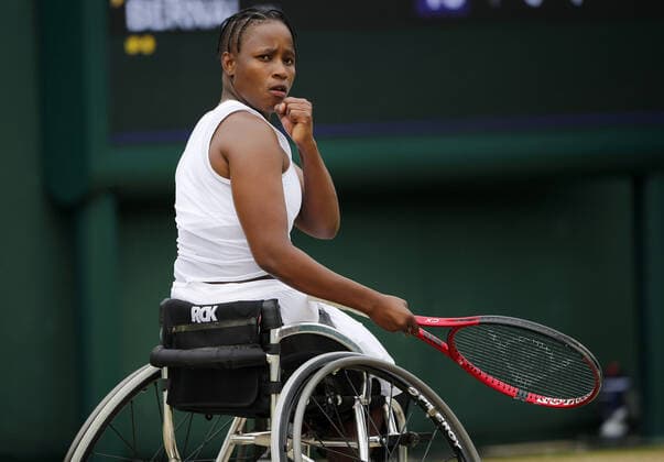 Mandatory Credit: Photo by Shutterstock (12200584dc) Kgothatso Montjane of South Africa in action Wimbledon Tennis Championships, Day 10, The All England Lawn Tennis and Croquet Club, London, UK - 08 Jul 2021 Wimbledon Tennis Championships, Day 10, The All England Lawn Tennis and Croquet Club, London, UK - 08 Jul 2021  Copyright: xShutterstockx 12200584dc