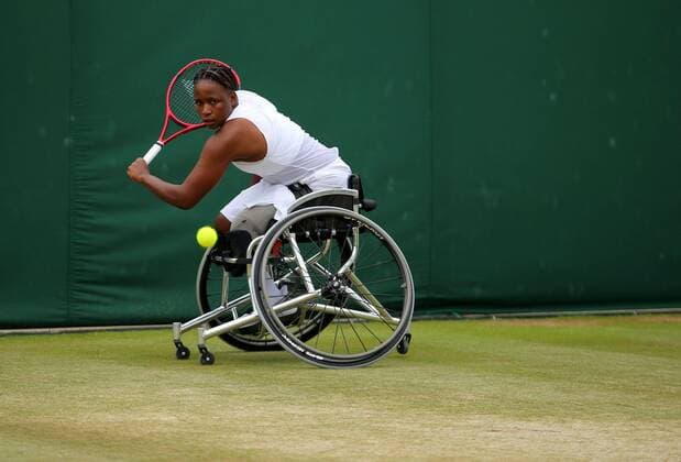 Mandatory Credit: Photo by Shutterstock (12200584dn) Kgothatso Montjane of South Africa in action Wimbledon Tennis Championships, Day 10, The All England Lawn Tennis and Croquet Club, London, UK - 08 Jul 2021 Wimbledon Tennis Championships, Day 10, The All England Lawn Tennis and Croquet Club, London, UK - 08 Jul 2021  Copyright: xShutterstockx 12200584dn