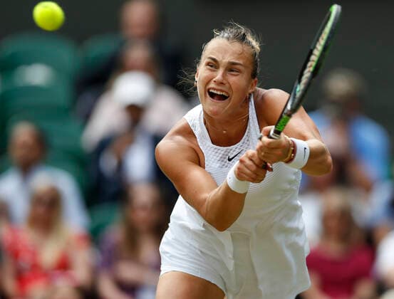 (210709) -- LONDON, July 9, 2021 -- Aryna Sabalenka of Belarus hits a return during the women s singles semifinal between Aryna Sabalenka of Belarus and Karolina Pliskova of Czech Republic at Wimbledon tennis Championship in London, Britain, on July 8, 2021. ) (SP)BRITAIN-LONDON-TENNIS-WIMBLEDON-SEMIFINAL HanxYan 