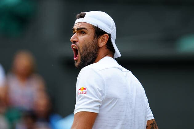 Mandatory Credit: Photo by Javier Garcia Shutterstock (12202131y) Matteo Berrettini celebrates during his semi-final match Wimbledon Tennis Championships, Day 11, The All England Lawn Tennis and Croquet Club, London, UK - 09 Jul 2021 Wimbledon Tennis Championships, Day 11, The All England Lawn Tennis and Croquet Club, London, UK - 09 Jul 2021  Copyright: xJavierxGarcia Shutterstockx 12202131y