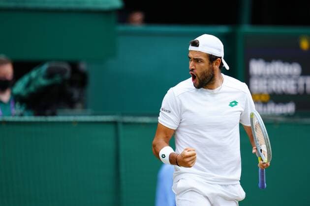 Mandatory Credit: Photo by Javier Garcia Shutterstock (12202131bh) Matteo Berrettini celebrates winning the second set during his semi-final match Wimbledon Tennis Championships, Day 11, The All England Lawn Tennis and Croquet Club, London, UK - 09 Jul 2021 Wimbledon Tennis Championships, Day 11, The All England Lawn Tennis and Croquet Club, London, UK - 09 Jul 2021  Copyright: xJavierxGarcia Shutterstockx 12202131bh