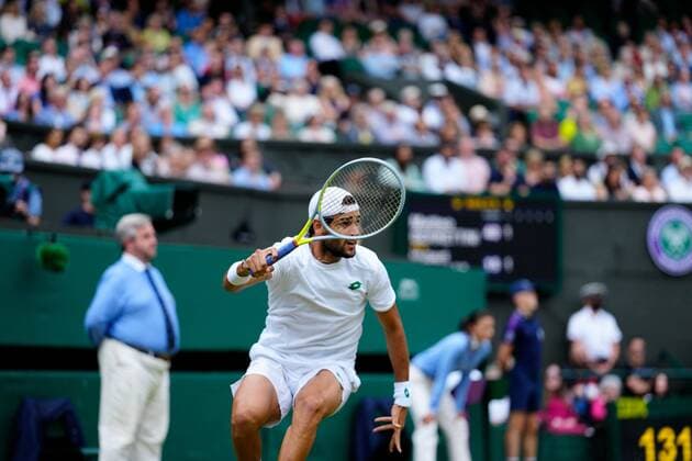 Mandatory Credit: Photo by Shutterstock (12202136aw) Matteo Berrettini during his semi-final match Wimbledon Tennis Championships, Day 11, The All England Lawn Tennis and Croquet Club, London, UK - 09 Jul 2021 Wimbledon Tennis Championships, Day 11, The All England Lawn Tennis and Croquet Club, London, UK - 09 Jul 2021  Copyright: xShutterstockx 12202136aw