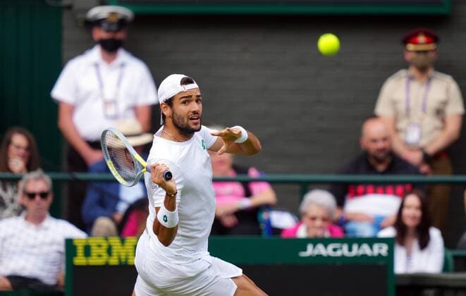 Mandatory Credit: Photo by Shutterstock (12202136bo) Matteo Berrettini during his semi-final match Wimbledon Tennis Championships, Day 11, The All England Lawn Tennis and Croquet Club, London, UK - 09 Jul 2021 Wimbledon Tennis Championships, Day 11, The All England Lawn Tennis and Croquet Club, London, UK - 09 Jul 2021  Copyright: xShutterstockx 12202136bo