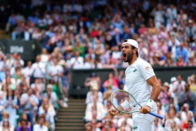 Mandatory Credit: Photo by Javier Garcia Shutterstock (12202131dx) Matteo Berrettini celebrates victory in his semi-final match Wimbledon Tennis Championships, Day 11, The All England Lawn Tennis and Croquet Club, London, UK - 09 Jul 2021 Wimbledon Tennis Championships, Day 11, The All England Lawn Tennis and Croquet Club, London, UK - 09 Jul 2021  Copyright: xJavierxGarcia Shutterstockx 12202131dx