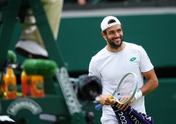 Mandatory Credit: Photo by Shutterstock (12202136cb) Matteo Berrettini celebrates victory in his semi-final match Wimbledon Tennis Championships, Day 11, The All England Lawn Tennis and Croquet Club, London, UK - 09 Jul 2021 Wimbledon Tennis Championships, Day 11, The All England Lawn Tennis and Croquet Club, London, UK - 09 Jul 2021  Copyright: xShutterstockx 12202136cb