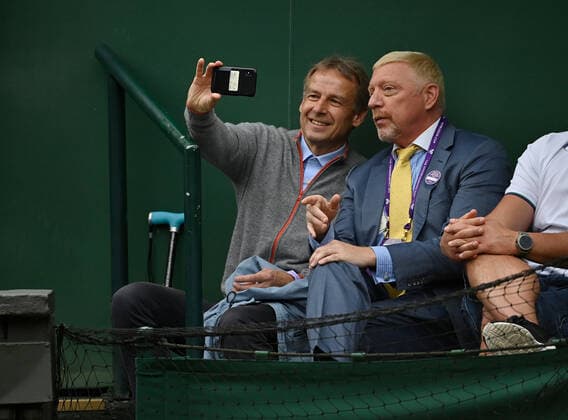 2021 Wimbledon Championship Boris Becker , Germany and Juergen Klinsman watching the first Mens Semifinal Match: Berrettini Hurkacz