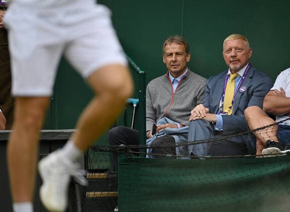 2021 Wimbledon Championship Boris Becker , Germany and Juergen Klinsman watching the first Mens Semifinal Match: Berrettini Hurkacz