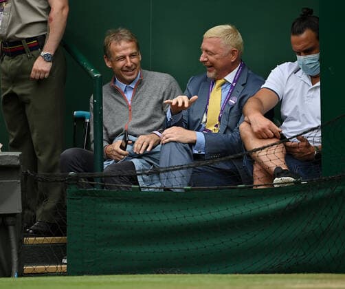 2021 Wimbledon Championship Boris Becker , Germany and Juergen Klinsman watching the first Mens Semifinal Match: Berrettini Hurkacz