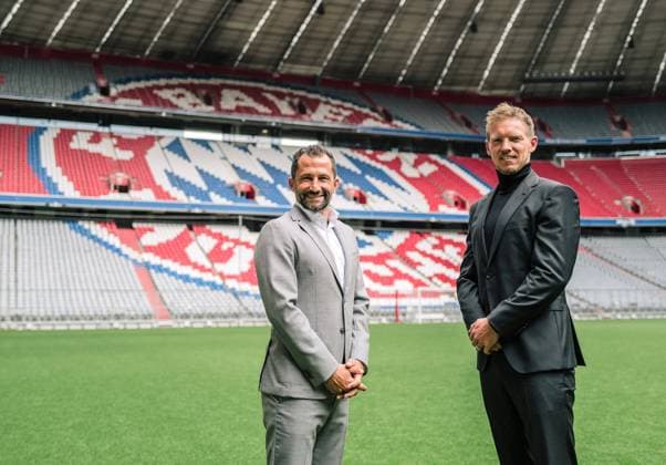Fussball 1. Bundesliga Saison 2021 2022 07.07.2021 PRESSEKONFERENZ beim FC Bayern Muenchen; Vorstellung von Trainer Julian Nagelsmann (re) beim FC Bayern Muenchen mit Sportdirektor Hasan Salihamidzic in der Allianz Arena FOTO: ULMER Pressebildagentur Pool FC Bayern Muenchen xxNOxMODELxRELEASExx Fussball 1. Bundesliga Saison 21 22: Vorstellung Trainer Julian Nagelsmann (FC Bayern Muenchen)