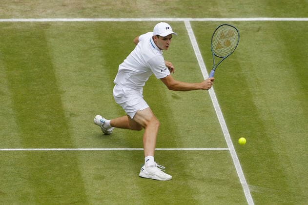 Mandatory Credit: Photo by Shutterstock (12202161d) Hubert Hurkacz of Poland in action Wimbledon Tennis Championships, Day 11, The All England Lawn Tennis and Croquet Club, London, UK - 09 Jul 2021 Wimbledon Tennis Championships, Day 11, The All England Lawn Tennis and Croquet Club, London, UK - 09 Jul 2021  Copyright: xShutterstockx 12202161d