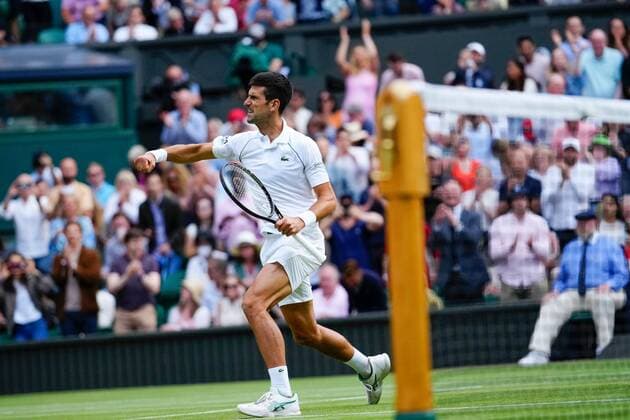 Mandatory Credit: Photo by Shutterstock (12202136fe) Novak Djokovic celebrates victory in his semi-final match Wimbledon Tennis Championships, Day 11, The All England Lawn Tennis and Croquet Club, London, UK - 09 Jul 2021 Wimbledon Tennis Championships, Day 11, The All England Lawn Tennis and Croquet Club, London, UK - 09 Jul 2021  Copyright: xShutterstockx 12202136fe