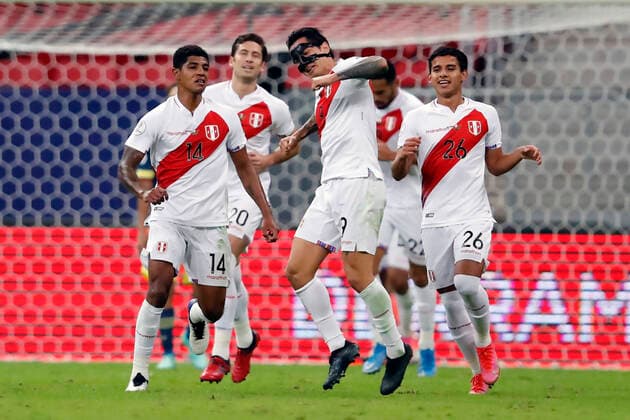 Colombia x Peru BRASÍLIA, DF - 09.07.2021: COLOMBIA X PERU - Match between , Colombia x Peru match dispute for the third place Copa America Brazil 2021 , held at Estádio Nacional Mané Garricha , on Friday (09). In the photo, Player Lapadula celebrating Peru& 39;s goal. (Photo: Francisco Stuckert Fotoarena) x2091138x  FranciscoxStuckert