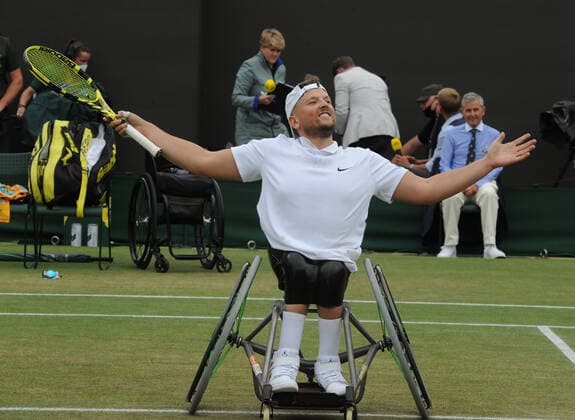 Lawn Tennis - 2021 All England Championships - Women™s Final Saturday - Wimbledon. Wheelchair - Mens Singles final Dylan Alcott (Aus) v Sam Schroder (ned) Dylan Alcott (Aus) celebrates winning the match 