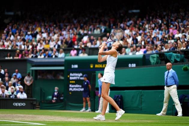 Mandatory Credit: Photo by Javier Garcia Shutterstock (12203621ds) Karolina Pliskova reacts during the Ladies Singles final Wimbledon Tennis Championships, Day 12, The All England Lawn Tennis and Croquet Club, London, UK - 10 Jul 2021 Wimbledon Tennis Championships, Day 12, The All England Lawn Tennis and Croquet Club, London, UK - 10 Jul 2021  Copyright: xJavierxGarcia Shutterstockx 12203621ds