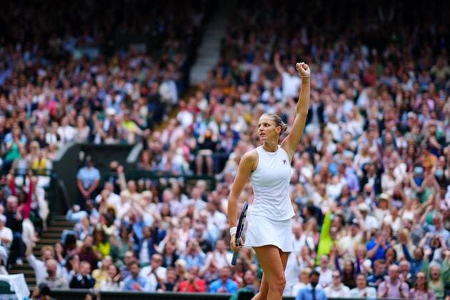 Mandatory Credit: Photo by Javier Garcia Shutterstock (12203621ec) Karolina Pliskova celebrates on her way to winning the second set during the Ladies Singles final Wimbledon Tennis Championships, Day 12, The All England Lawn Tennis and Croquet Club, London, UK - 10 Jul 2021 Wimbledon Tennis Championships, Day 12, The All England Lawn Tennis and Croquet Club, London, UK - 10 Jul 2021  Copyright: xJavierxGarcia Shutterstockx 12203621ec