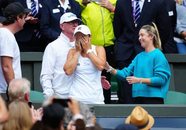 Mandatory Credit: Photo by Javier Garcia Shutterstock (12203621ga) Ashleigh Barty emotional after climbing into her teams box after victory in the Ladies Singles final Wimbledon Tennis Championships, Day 12, The All England Lawn Tennis and Croquet Club, London, UK - 10 Jul 2021 Wimbledon Tennis Championships, Day 12, The All England Lawn Tennis and Croquet Club, London, UK - 10 Jul 2021  Copyright: xJavierxGarcia Shutterstockx 12203621ga