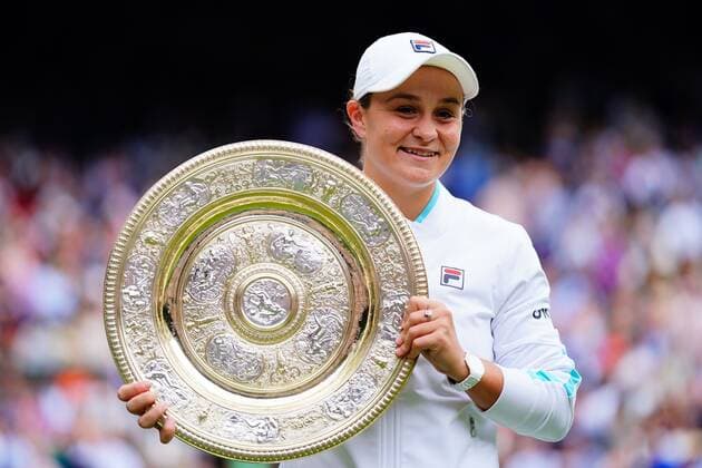 Mandatory Credit: Photo by Javier Garcia Shutterstock (12203621hi) Ashleigh Barty celebrates with the Venus Rosewater Dish after victory in the Ladies SIngles final Wimbledon Tennis Championships, Day 12, The All England Lawn Tennis and Croquet Club, London, UK - 10 Jul 2021 Wimbledon Tennis Championships, Day 12, The All England Lawn Tennis and Croquet Club, London, UK - 10 Jul 2021  Copyright: xJavierxGarcia Shutterstockx 12203621hi