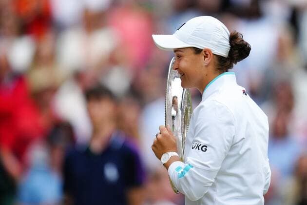 Mandatory Credit: Photo by Javier Garcia Shutterstock (12203621hp) Ashleigh Barty celebrates with the Venus Rosewater Dish after victory in the Ladies SIngles final Wimbledon Tennis Championships, Day 12, The All England Lawn Tennis and Croquet Club, London, UK - 10 Jul 2021 Wimbledon Tennis Championships, Day 12, The All England Lawn Tennis and Croquet Club, London, UK - 10 Jul 2021  Copyright: xJavierxGarcia Shutterstockx 12203621hp