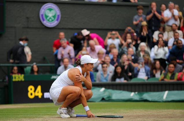Mandatory Credit: Photo by Shutterstock (12203623l) Ashleigh Barty of Australia celebrates on match point Wimbledon Tennis Championships, Day 12, The All England Lawn Tennis and Croquet Club, London, UK - 10 Jul 2021 Wimbledon Tennis Championships, Day 12, The All England Lawn Tennis and Croquet Club, London, UK - 10 Jul 2021  Copyright: xShutterstockx 12203623l