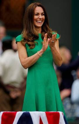 Mandatory Credit: Photo by Shutterstock (12203623b) HRH The Duchess of Cambridge (Kate Middleton) smiles and applauds Wimbledon Tennis Championships, Day 12, The All England Lawn Tennis and Croquet Club, London, UK - 10 Jul 2021 Wimbledon Tennis Championships, Day 12, The All England Lawn Tennis and Croquet Club, London, UK - 10 Jul 2021  Copyright: xShutterstockx 12203623b