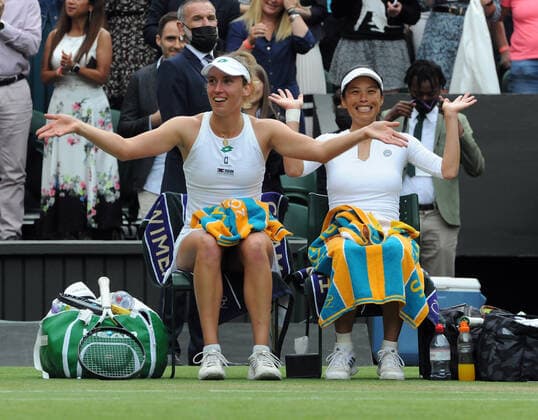 Lawn Tennis - 2021 All England Championships - Woman™s Doubles Final - Wimbledon Veronika Kudermetova and Elena Vesnina (Russia) v Su - Wei Hsieh and Elise Mertens Su - Wei Hsieh and Elise Mertens celebrate after winning the match 