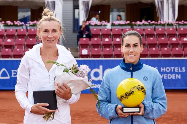 Olga Govortsova, Belarus and winner Nuria Parrizas Diaz, Spain after the final during the tennis tournament Nordea Open in Bastad, Sweden July 10, 2021. BÅSTAD SWEDEN Tennis x11830x