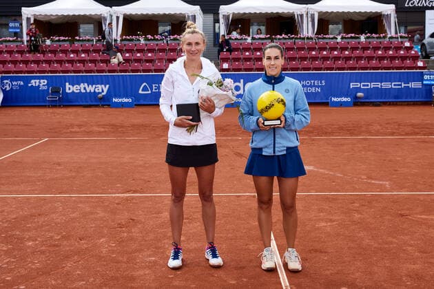 Olga Govortsova, Belarus and winner Nuria Parrizas Diaz, Spain after the final during the tennis tournament Nordea Open in Bastad, Sweden July 10, 2021. BÅSTAD SWEDEN Tennis x11830x