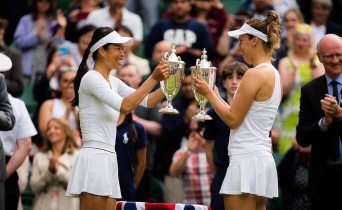 Mandatory Credit: Photo by Rob Prange Shutterstock (12203624al) Elise Mertens of Belgium & Su-Wei Hsieh of Chinese Taipeh with their champions trophies after the doubles final of the 2021 Wimbledon Championships Grand Slam tennis tournament Wimbledon Tennis Championships, Day 12, The All England Lawn Tennis and Croquet Club, London, UK - 10 Jul 2021 Wimbledon Tennis Championships, Day 12, The All England Lawn Tennis and Croquet Club, London, UK - 10 Jul 2021  Copyright: xRobxPrange Shutterstockx 12203624al