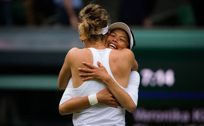 Mandatory Credit: Photo by Rob Prange Shutterstock (12203624ba) Elise Mertens of Belgium & Su-Wei Hsieh of Chinese Taipeh after winning the doubles final of the 2021 Wimbledon Championships Grand Slam tennis tournament Wimbledon Tennis Championships, Day 12, The All England Lawn Tennis and Croquet Club, London, UK - 10 Jul 2021 Wimbledon Tennis Championships, Day 12, The All England Lawn Tennis and Croquet Club, London, UK - 10 Jul 2021  Copyright: xRobxPrange Shutterstockx 12203624ba