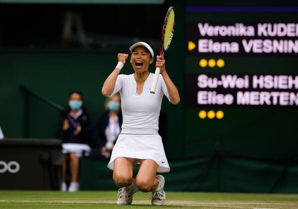 Mandatory Credit: Photo by Rob Prange Shutterstock (12203624bd) Elise Mertens of Belgium & Su-Wei Hsieh of Chinese Taipeh after winning the doubles final of the 2021 Wimbledon Championships Grand Slam tennis tournament Wimbledon Tennis Championships, Day 12, The All England Lawn Tennis and Croquet Club, London, UK - 10 Jul 2021 Wimbledon Tennis Championships, Day 12, The All England Lawn Tennis and Croquet Club, London, UK - 10 Jul 2021  Copyright: xRobxPrange Shutterstockx 12203624bd
