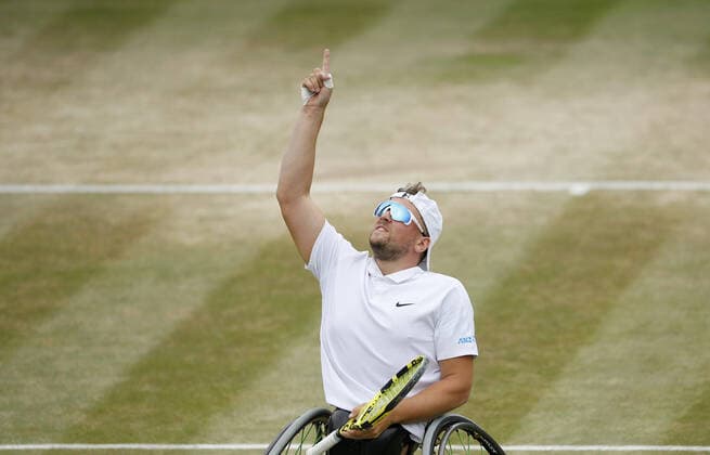 Mandatory Credit: Photo by Shutterstock (12203623bg) Dylan Alcott of Australia in action Wimbledon Tennis Championships, Day 12, The All England Lawn Tennis and Croquet Club, London, UK - 10 Jul 2021 Wimbledon Tennis Championships, Day 12, The All England Lawn Tennis and Croquet Club, London, UK - 10 Jul 2021  Copyright: xShutterstockx 12203623bg