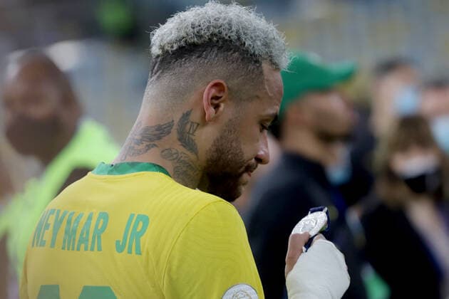 (210711) -- RIO DE JANEIRO, July 11, 2021 -- Brazil s Neymar reacts after the 2021 Copa America football tournament final match against Argentina in Rio de Janeiro, Brazil, on July 10, 2021. Rahel Patrasso) (SP)BRAZIL-RIO DE JANEIRO-COPA AMERICA-FINAL e RAHELxPATRASSO 