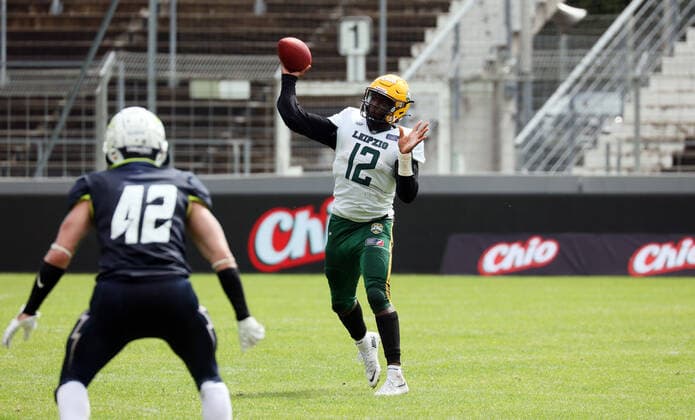 11.07.21 Stuttgart Surge - Leipzig Kings Deutschland, Stuttgart, 11.07.2021, American Football, EFL, Stuttgart Surge - Leipzig Kings: Jaleel Awini (Leipzig Kings). *** 11 07 21 Stuttgart Surge Leipzig Kings Germany, Stuttgart, 11 07 2021, American Football, EFL, Stuttgart Surge Leipzig Kings Jaleel Awini Leipzig Kings