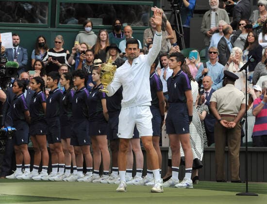Lawn Tennis - 2021 All England Championships - Men™s Final Sunday - Wimbledon - Novak Djokovic v Matteo Berrettini on Centre Court Novak Djokovic salutes the crowd 
