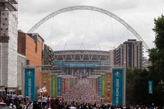 England Play Italy In UEFA EURO, EM, Europameisterschaft,Fussball 2020 Final Match At Wembley Stadium A view of Wembley Stadium ahead of the UEFA Euro 2020 Final in London, Britain, 11 July 2021. England meets Italy at Wembley Stadium for the final of the 2020 UEFA European Championships. This will be England s first major competition final in 55 years, while Italy remains unbeaten in their last 33 games. London United Kingdom musialek-englandp210711_npJns  Copyright: xMaciekxMusialekx