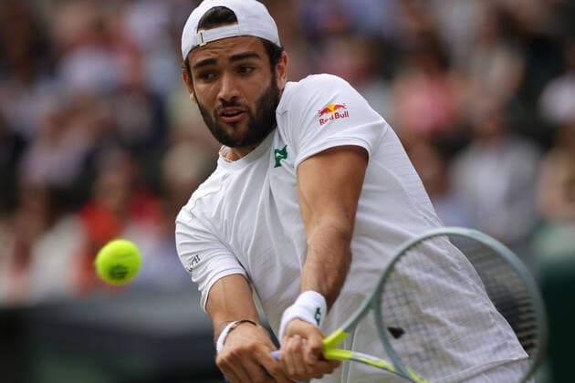 (210712) -- LONDON, July 12, 2021 -- Matteo Berrettini of Italy hits a return during the men s final match between Novak Djokovic of Serbia and Matteo Berrettini of Italy at Wimbledon tennis Championship in London, Britain, on July 11, 2021. (Photo by Xinhua) (SP)BRITAIN-LONDON-TENNIS-WIMBLEDON-MEN S FINAL TimxIreland 