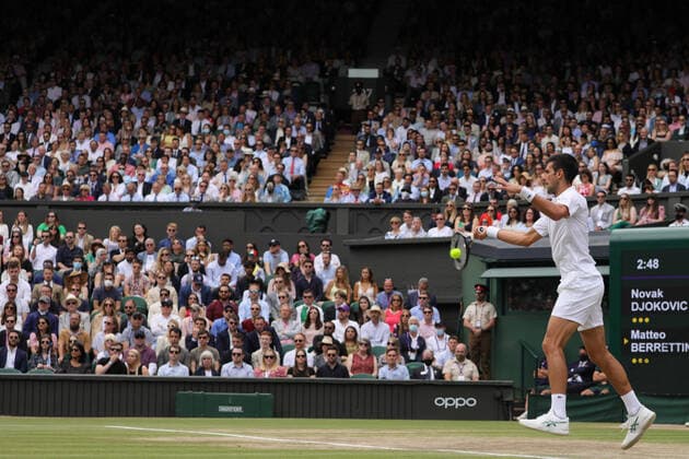 (210712) -- LONDON, July 12, 2021 -- Novak Djokovic of Serbia hits a return during the men s final match between Novak Djokovic of Serbia and Matteo Berrettini of Italy at Wimbledon tennis Championship in London, Britain, on July 11, 2021. (Photo by Xinhua) (SP)BRITAIN-LONDON-TENNIS-WIMBLEDON-MEN S FINAL TimxIreland 