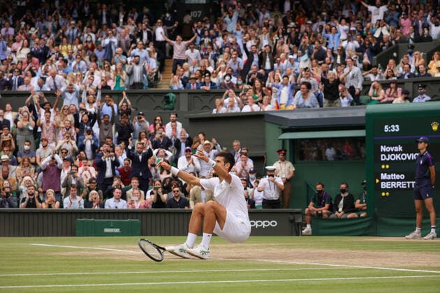 (210712) -- LONDON, July 12, 2021 -- Novak Djokovic of Serbia celebrates after winning the men s final match between Novak Djokovic of Serbia and Matteo Berrettini of Italy at Wimbledon tennis Championship in London, Britain, on July 11, 2021. (Photo by Xinhua) (SP)BRITAIN-LONDON-TENNIS-WIMBLEDON-MEN S FINAL TimxIreland 