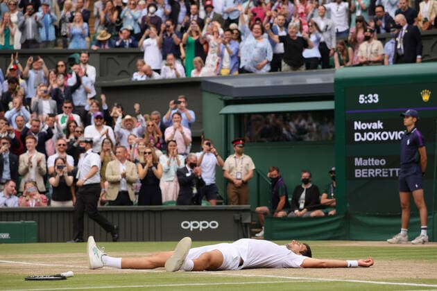 (210712) -- LONDON, July 12, 2021 -- Novak Djokovic of Serbia celebrates after winning the men s final match between Novak Djokovic of Serbia and Matteo Berrettini of Italy at Wimbledon tennis Championship in London, Britain, on July 11, 2021. (Photo by Xinhua) (SP)BRITAIN-LONDON-TENNIS-WIMBLEDON-MEN S FINAL TimxIreland 