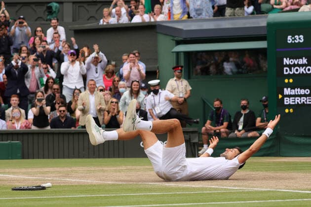(210712) -- LONDON, July 12, 2021 -- Novak Djokovic of Serbia celebrates after winning the men s final match between Novak Djokovic of Serbia and Matteo Berrettini of Italy at Wimbledon tennis Championship in London, Britain, on July 11, 2021. (Photo by Xinhua) (SP)BRITAIN-LONDON-TENNIS-WIMBLEDON-MEN S FINAL TimxIreland 