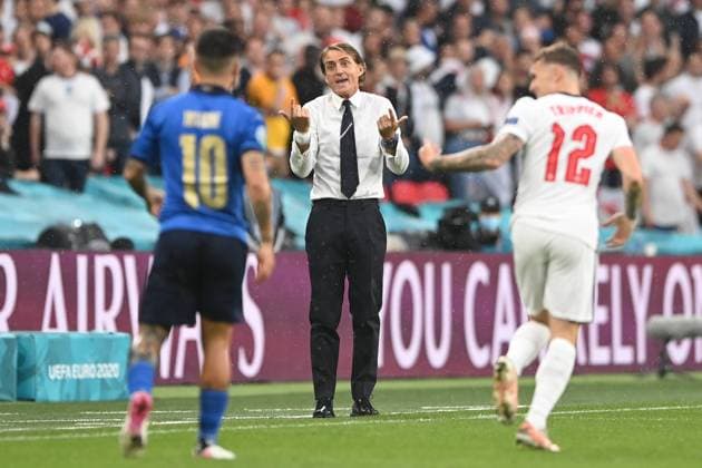 Fussball EURO 2020 FINALE Italien - England Trainer Roberto MANCINI (ITA), ratlos,Gestik. Finale, Spiel M51, Italien (ITA) - England (ENG) am 11.07.2021 in London Wembley Stadion. Fussball EM 2020 vom 11.06.2021-11.07.2021. Foto;Marvin Guengoer GES Pool via Sven Simon Fotoagentur GmbH & Co. London England