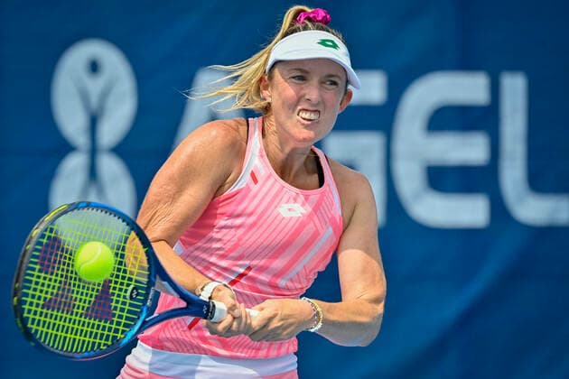 Storm Sanders of Australia plays a return to Marie Bouzkova of Czech Republic during the Livesport Prague Open WTA, Tennis Damen women’s tennis tournament in Prague, Czech Republic, July 13, 2021. (CTKxPhoto VitxSimanek) CTKPhotoP2021071305514  VIS 013