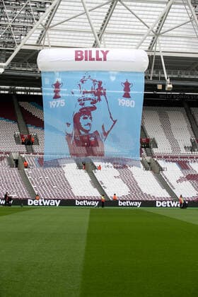 Mandatory Credit: Photo by Andrew Fosker BPI Shutterstock (10128860a) Banners celebrating the naming of the Billy Bonds Stand at the London Stadium West Ham United v Newcastle United, Premier League, Football, London Stadium, London, UK - 02 Mar 2019 EDITORIAL USE ONLY No use with unauthorised audio, video, data, fixture lists (outside the EU), club league logos or live services. Online in-match use limited to 45 images (+15 in extra time). No use to emulate moving images. No use in betting, games or single club league player publications services. West Ham United v Newcastle United, Premier League, Football, London Stadium, London, UK - 02 Mar 2019 EDITORIAL USE ONLY No use with unauthorised audio, video, data, fixture lists (outside the EU), club league logos or live services. Online in-match use limited to 45 images (+15 in extra time). No use to emulate moving images. No use in betting, games or  Copyright: xAndrewxFosker BPI Shutterstockx 10128860a