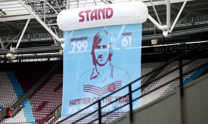 Mandatory Credit: Photo by Andrew Fosker BPI Shutterstock (10128860at) Banners celebrating the naming of the Billy Bonds Stand at the London Stadium West Ham United v Newcastle United, Premier League, Football, London Stadium, London, UK - 02 Mar 2019 EDITORIAL USE ONLY No use with unauthorised audio, video, data, fixture lists (outside the EU), club league logos or live services. Online in-match use limited to 45 images (+15 in extra time). No use to emulate moving images. No use in betting, games or single club league player publications services. West Ham United v Newcastle United, Premier League, Football, London Stadium, London, UK - 02 Mar 2019 EDITORIAL USE ONLY No use with unauthorised audio, video, data, fixture lists (outside the EU), club league logos or live services. Online in-match use limited to 45 images (+15 in extra time). No use to emulate moving images. No use in betting, games or  Copyright: xAndrewxFosker BPI Shutterstockx 10128860at