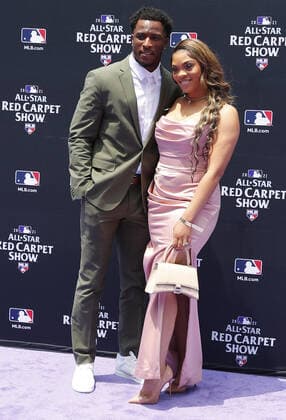 Chicago White Sox Tim Anderson poses with his wife during the MLB, Baseball Herren, USA All-Star Red Carpet Show at Coors Field in Denver, Colorado on Tuesday, July 13, 2021.  DEN20210713537 BOBxSTRONG