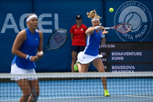 Lucie Hradecka, left, and Marie Bouzkova (CZE) during the match against Ysaline Bonaventure (BEL) and Leonie Kung (SUI) within the Livesport Prague Open WTA, Tennis Damen women’s tennis tournament in Prague, Czech Republic, on Wednesday, July 14, 2021. (CTKxPhoto OndrejxDeml) CTKPhotoP2021071405285  dml_001