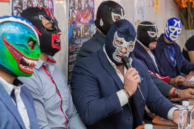 Wrestling Event press conference, PK, Pressekonferenz To Celebrate 37th Anniversary Of Blue Demon Jr MEXICO CITY, MEXICO - JULY 14: Wrestler Blue Demon Jr during a Press Conference to promote a wrestling event at the Lopez Mateos Arena to celebrate their 37th anniversary of sports career of the wrestling legend Blue Demon Jr at Taqueria Chabelo on July 14, 2021 in Mexico City, Mexico. Copyright: xRicardoxFloresx EYEPIXGROUP_RFE_14072021_10555