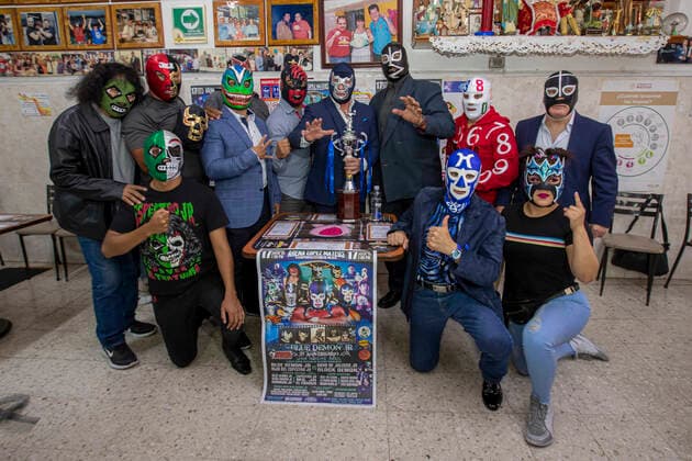 Wrestling Event press conference, PK, Pressekonferenz To Celebrate 37th Anniversary Of Blue Demon Jr MEXICO CITY, MEXICO - JULY 14: Wrestlers Espectro Jr., Hijo del Espectro Jr., Mr. Jack, El Fuhrer, Raptor, Mala Sangre, Blue Demon Jr., Rayo de Jalisco Jr., El Matematico y Black Shadow Jr during a Press Conference to promote a wrestling event at the Lopez Mateos Arena to celebrate the 37th anniversary of sports career of the wrestling legend Blue Demon Jr at Taqueria Chabelo on July 14, 2021 in Mexico City, Mexico. Copyright: xRicardoxFloresx EYEPIXGROUP_RFE_14072021_10562